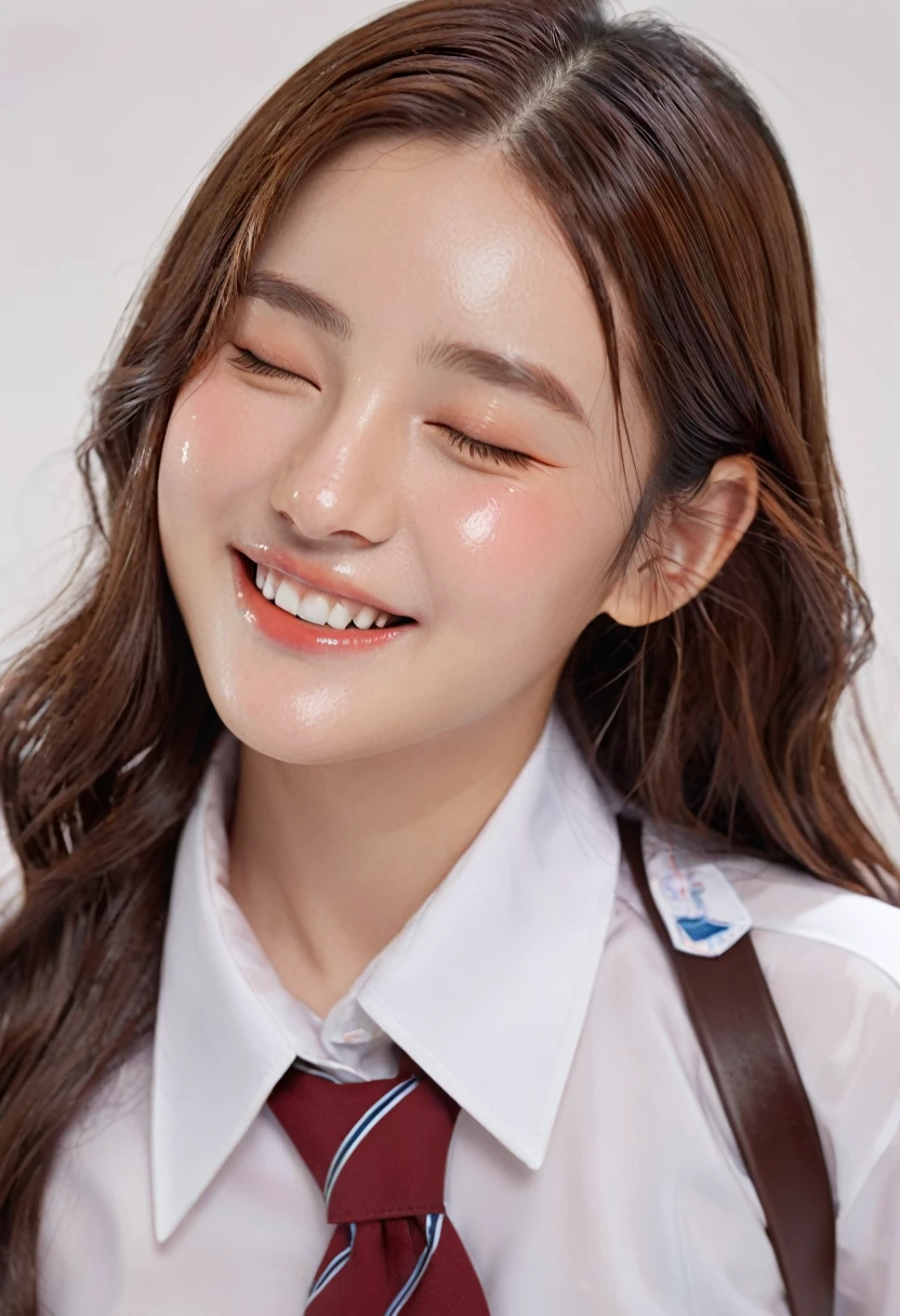 (8K), (Highest quality: 1.2), (Realistic), (Realistic: 1.37), Ultra-high resolution, 1 Girl, cute, smile, Mouth closed, Beautiful details, Beautiful Nose, whole body, Wet Hair, Giant Dalcefo, pork, school uniform, Thighs