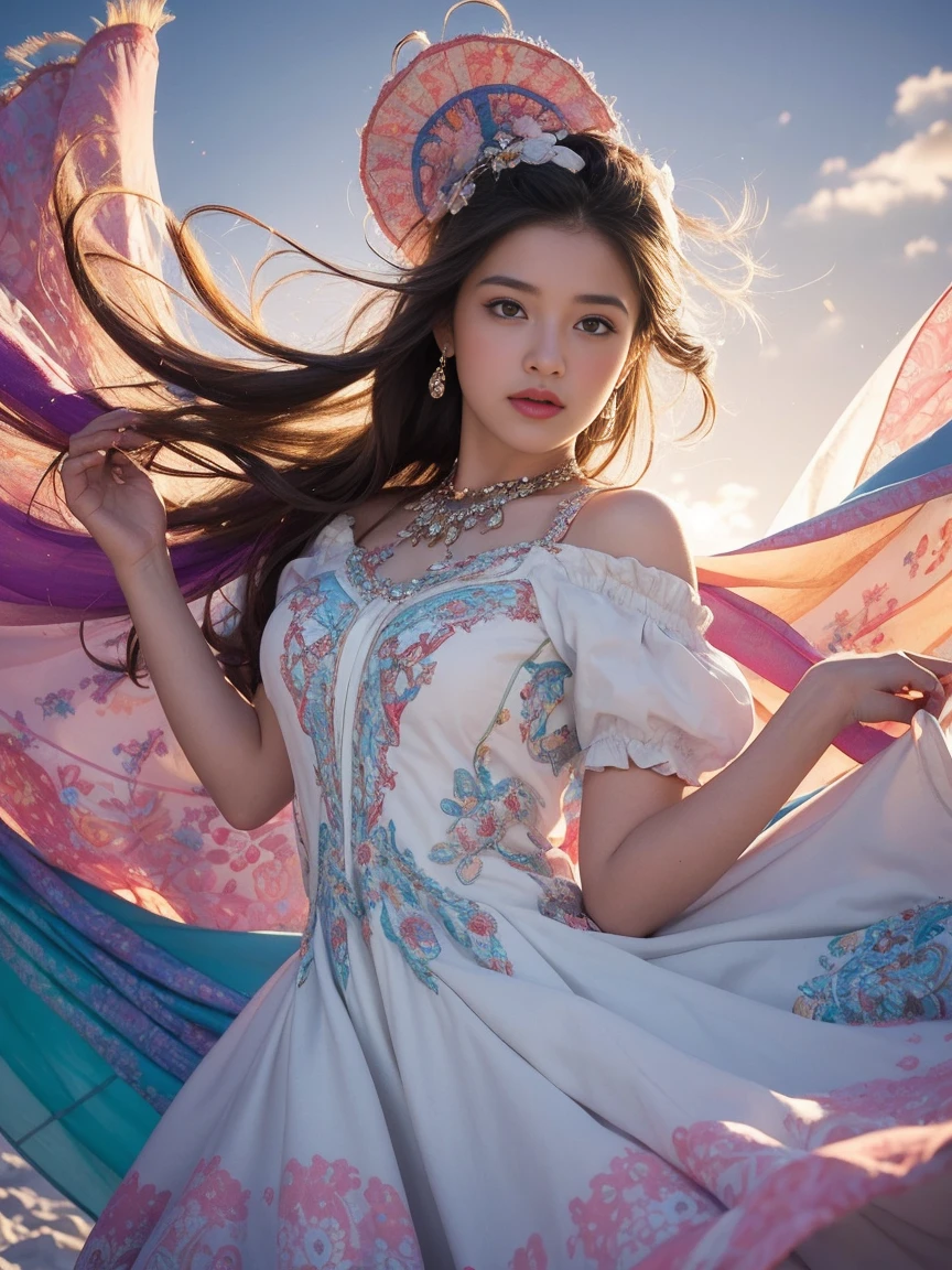 A whimsical dance unfolds against a crisp white backdrop, as a multicolored harlequin woman's upper body twirls in vibrant splendor. Her dress, a tapestry of swirling patterns, playful textures, and wispy cloud-like fabrics, radiates with kaleidoscopic colors. Stylized anatomy and fantastical details adorn her face, hair, and clothing, as soft, dreamy lighting casts subtle shading, adding depth to the composition.