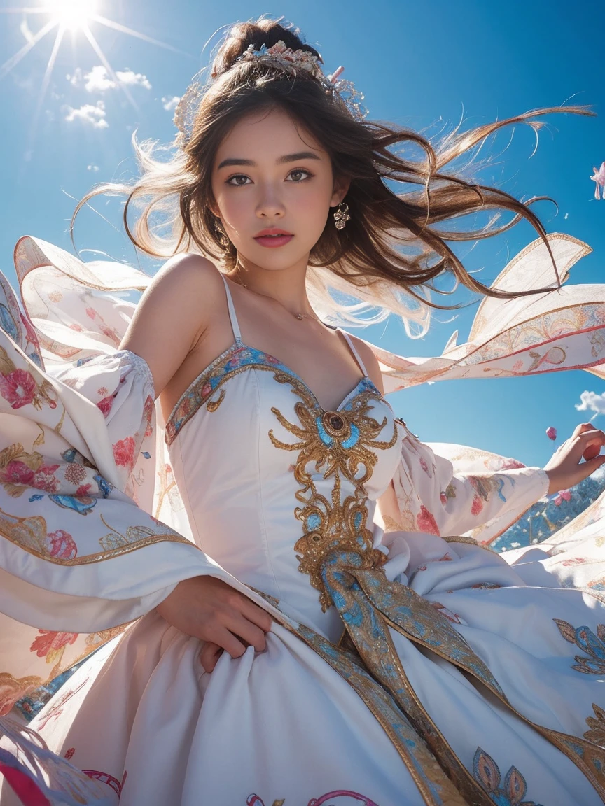 A whimsical dance unfolds against a crisp white backdrop, as a multicolored harlequin woman's upper body twirls in vibrant splendor. Her dress, a tapestry of swirling patterns, playful textures, and wispy cloud-like fabrics, radiates with kaleidoscopic colors. Stylized anatomy and fantastical details adorn her face, hair, and clothing, as soft, dreamy lighting casts subtle shading, adding depth to the composition.