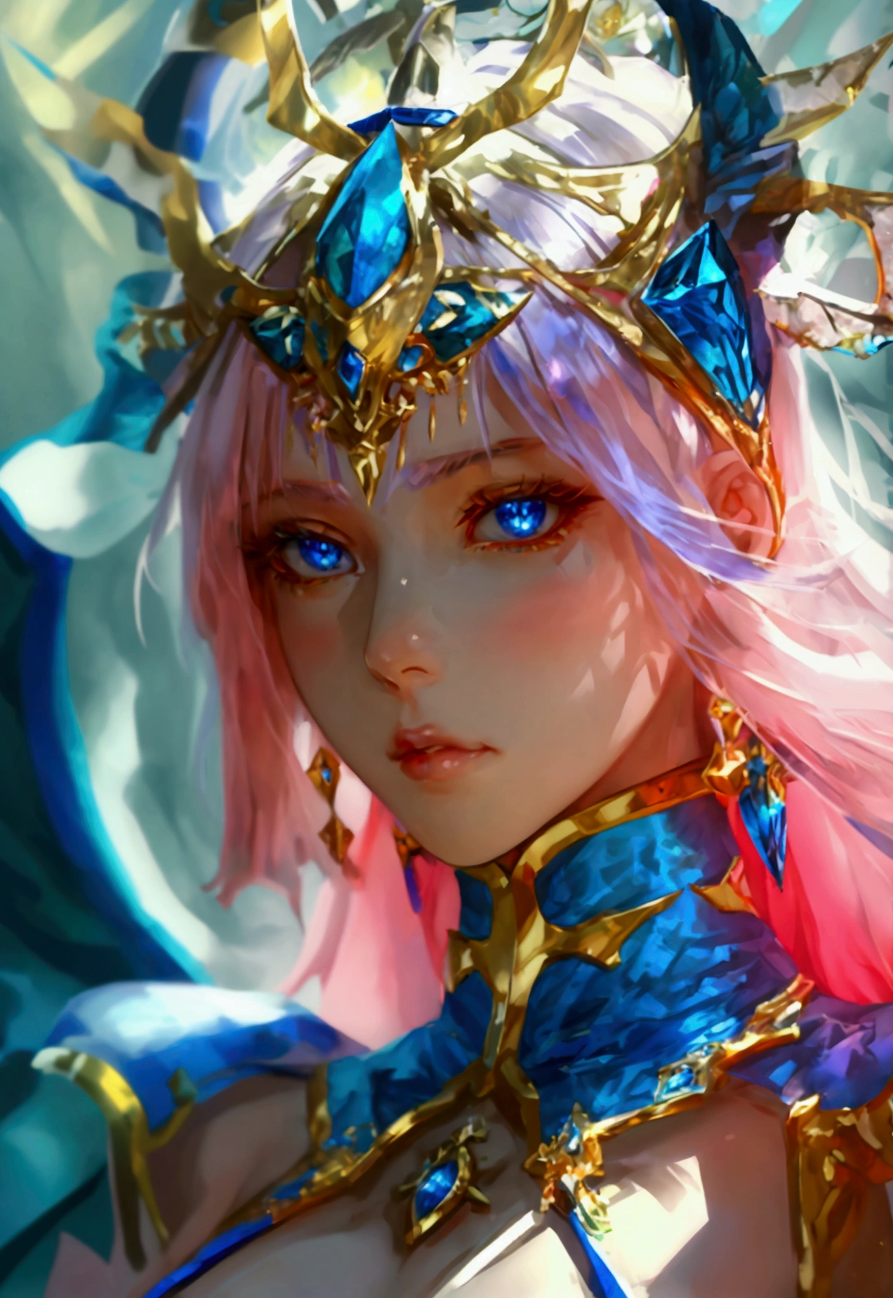 Demon hunter from celestial world, (Radiant Royal Hunter Cape: 1.2) Blue and silver Color Hunter Suit, (extremely delicate beautiful eyes and depression but arrogant eyes), (multicolor, ponytail, iridescent hair, colorful hair), (magical, mythic,fantasy), (Super Model Body Shape, idol, seducing body, attractive, gorgeous, charming, majesty, Sexy Saint aura), Original Character, Masterpiece, Tempting Dark Eyes, Blue Gemstone Accessories, Gold Belt, Gold Necklace, Under sun shine, unique crown, 16k, bare shoulders, cute, petite, solo, legend, horny blush, pink lips, cinematic lighting, full body close-up, scale up, perfect shade, colorful, korean anime art, godness halo, see-through clothes, ultra thin
