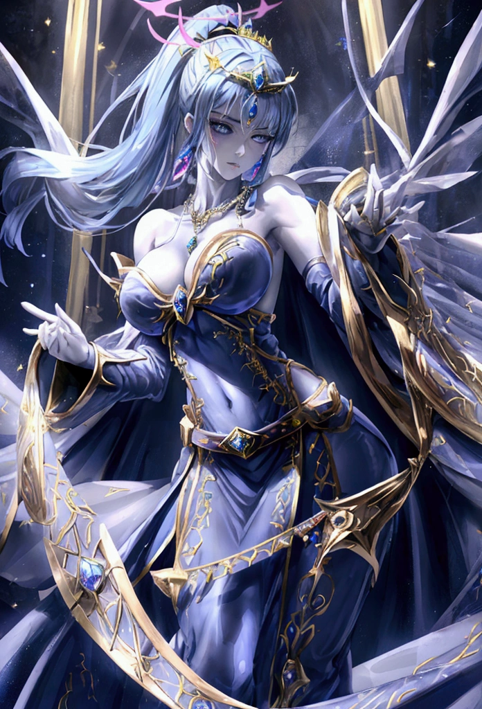 Demon hunter from celestial world, (Radiant Royal Hunter Cape: 1.2) Blue and silver Color Hunter Suit, (extremely delicate beautiful eyes and depression but arrogant eyes), (multicolor, ponytail, iridescent hair, colorful hair), (magical, mythic,fantasy), (Super Model Body Shape, idol, seducing body, attractive, gorgeous, charming, majesty, Sexy Saint aura), Original Character, Masterpiece, Tempting Dark Eyes, Blue Gemstone Accessories, Gold Belt, Gold Necklace, Under sun shine, unique crown, 16k, bare shoulders, cute, petite, solo, legend, horny blush, pink lips, cinematic lighting, full body close-up, scale up, perfect shade, colorful, korean anime art, godness halo, see-through clothes, ultra thin
