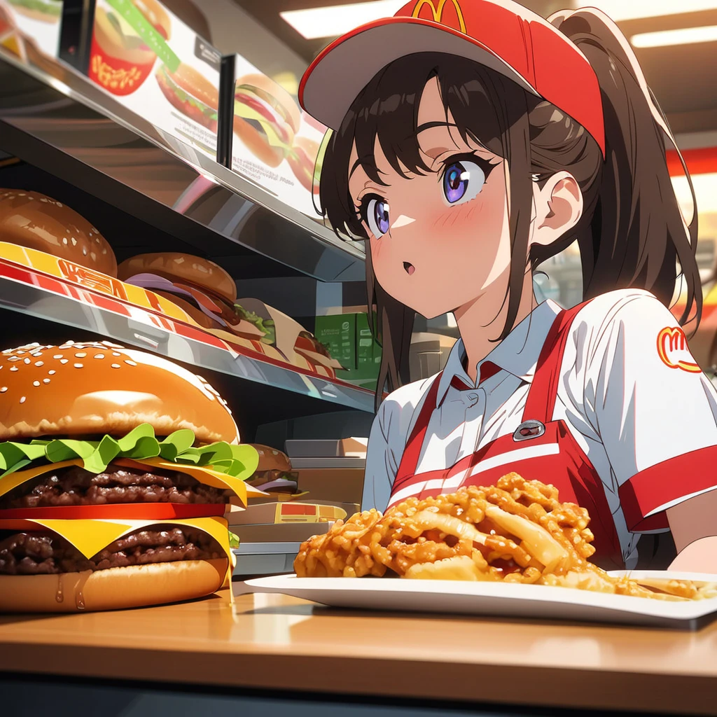 Masterpiece, ultra detailed, beautiful,Super Saturation, anime style,fast food worker, burger shop, McDonald's 