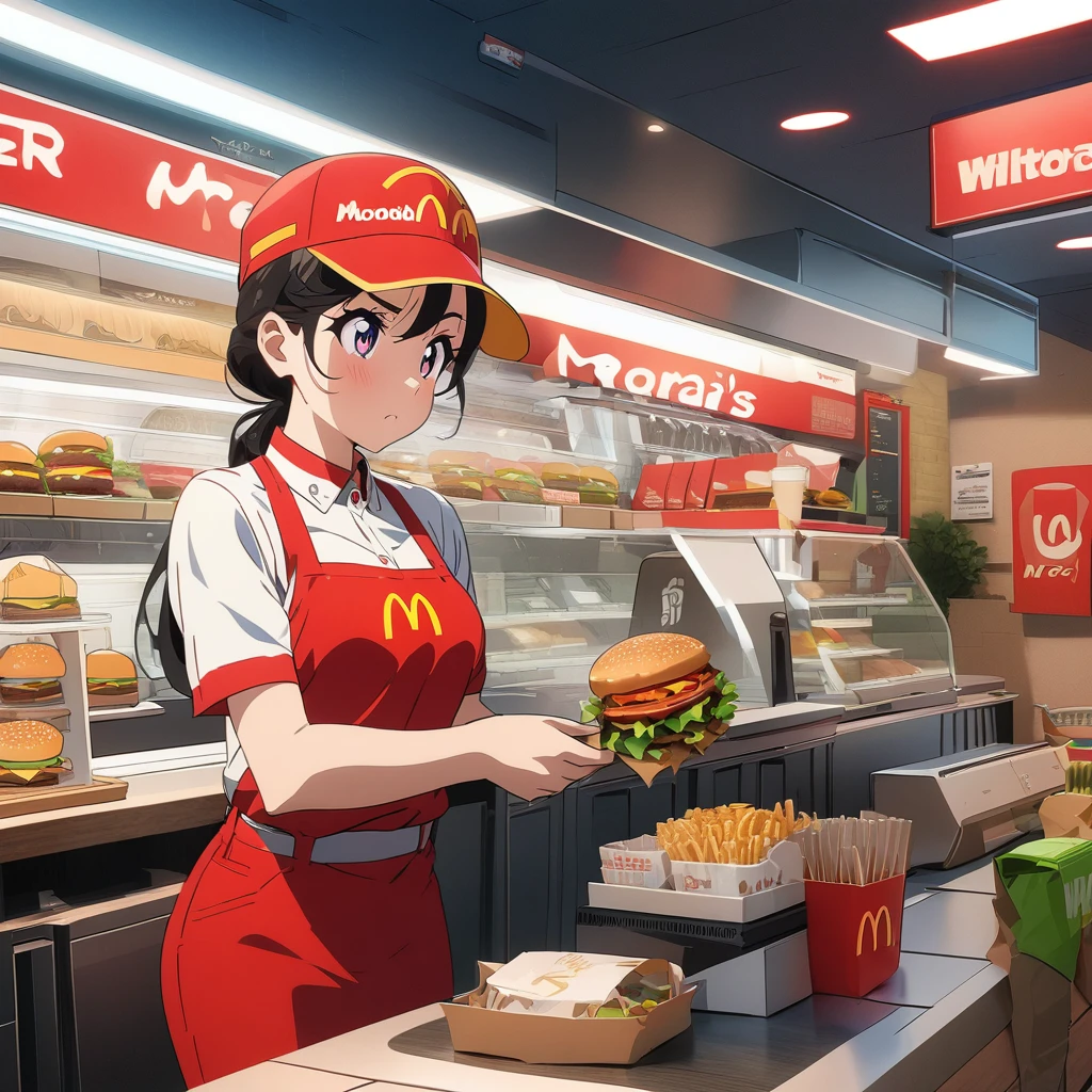 Masterpiece, ultra detailed, beautiful,Super Saturation, anime style,fast food worker, burger shop, McDonald's 