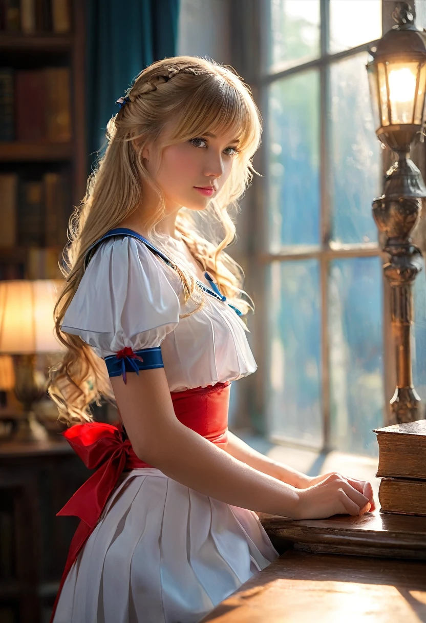 ((masterpiece,Highest quality, High resolution)), One girl, alone, Green Eyes, Long blonde hair tied with a blue ribbon, Blunt bangs, Sitting, Arms folded on the table, Sleep arm in arm, , White Seraphim, Red Sailor Collar, Short sleeve, White pleated skirt, (In the library), Dramatic Light, Next to the window, afternoon light through the window, afternoon, Bokeh effect