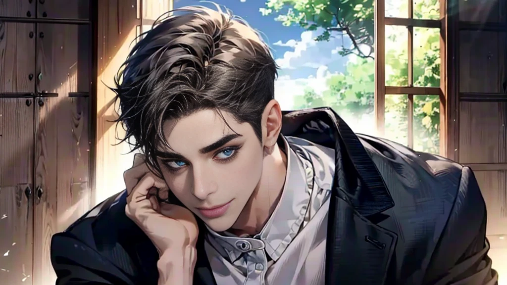"best quality , High quality , The best details ,Masterpiece, High qualityสุด, realistic, 1 person, manที่เป็นผู้ใหญ่,solemn face, A quiet and charming young man, 30 years old, smile, gag, Portrait, Highly detailed face, 寒さとsmile, ((blue eyes)), ((short hairสีดำ)), [Thick eyebrows],,1 man,alone,dark black hair,short hair,short hairสีดำ,buzz cut,beautiful eyes,blue eyes,full body,from below,make it beautiful,Masterpiece,best quality,Very detailed,anime,a handsome man, man,manที่เป็นผู้ใหญ่, A quiet and charming young man, 30 years old, smile, gag, Portrait, Highly detailed face, ((blue eyes)), ((short hairสีดำ)),manหล่อ ,short hair Quiff Hairstyle,short hairสีดำ,blue eyes, alone,stare,smile,stand,back light,blue eyes,no background,business suit, Black suit,Masterpiece,best quality,Very detailed