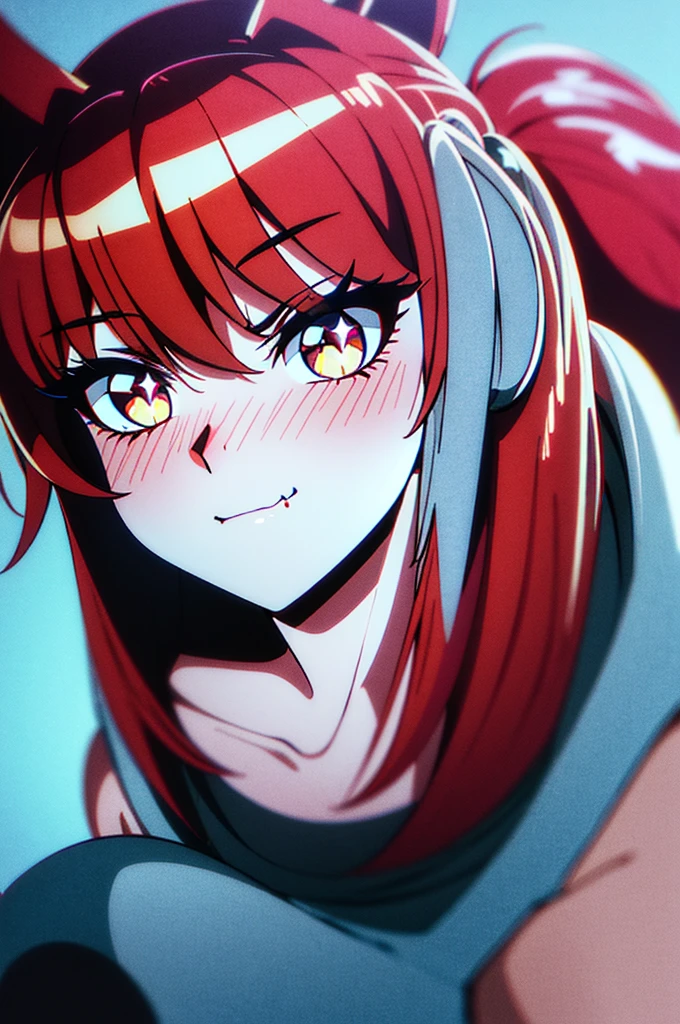 blush, glowing aura, natural light, masterpiece, glossy skin, juicy lips , ,sexy, hot, , evil,juicy lips, bimbo dark lighting, long hair, bimbo, cute, evil smile, juicy lips, lying down on arm looking up, neutral expression, orange hair , (((dark skin))), pink eyes, long eyelashes,