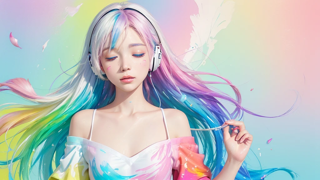 (Pink Fashion T-shirt:1.9),(Colorful hair: 1.8), (all the colours of the rainbow: 1.8),(((((vertical painting:1.6))), (painting:1.6),front, comics, illustrations, paintings, large eyes, crystal clear eyes,( rainbow color gradient high ponytail:1.7), exquisite makeup, closed mouth,(Small Fresh: 1.5),(Wipe Chest: 1.6) ,long eyelashes, white off shoulder T-shirt, White Shoulder Shirt,looking at the audience, large watery eyes, (rainbow colored hair:1.6), color splash, (solo:1.8), color splash, color explosion, thick paint style, messy lines, ((shining)),(colorful), (colorful), (colorful), colorful, Thick Paint Style, (Splash) (Color Splash), Vertical Painting, Upper Body, Paint Splash, Acrylic Pigment, Gradient, Paint, Highest Image Quality, Highest Quality, Masterpiece, Solo, Depth of Field, Face Paint, colorful clothes, (Elegant: 1.2), gorgeous,long hair, wind, (Elegant: 1.3), (Petals: 1.4),(((masterpiece))),(((best quality))),((ultra-detailed)),(illustration),(dynamic angle),((floating)),(paint),((disheveled hair)),(solo),(1girl) , (((detailed anima face))),((beautiful detailed face)),collar,bare shoulders,white hair, ((colorful hair)),((streaked hair)),beautiful detailed eyes,(Gradient color eyes),(((colorful eyes))),(((colorful background))),(((high saturation))),(((surrounded by colorful splashes))),all bodies, same colored back grounds, Make the background bigger than the face, Mainly in the background, the face is small, I want the person to be on the right or left, Closed eyes while listening to music, wearing headphones