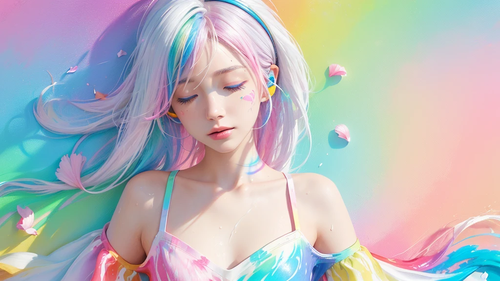 (Pink Fashion T-shirt:1.9),(Colorful hair: 1.8), (all the colours of the rainbow: 1.8),(((((vertical painting:1.6))), (painting:1.6),front, comics, illustrations, paintings, large eyes, crystal clear eyes,( rainbow color gradient high ponytail:1.7), exquisite makeup, closed mouth,(Small Fresh: 1.5),(Wipe Chest: 1.6) ,long eyelashes, white off shoulder T-shirt, White Shoulder Shirt,looking at the audience, large watery eyes, (rainbow colored hair:1.6), color splash, (solo:1.8), color splash, color explosion, thick paint style, messy lines, ((shining)),(colorful), (colorful), (colorful), colorful, Thick Paint Style, (Splash) (Color Splash), Vertical Painting, Upper Body, Paint Splash, Acrylic Pigment, Gradient, Paint, Highest Image Quality, Highest Quality, Masterpiece, Solo, Depth of Field, Face Paint, colorful clothes, (Elegant: 1.2), gorgeous,long hair, wind, (Elegant: 1.3), (Petals: 1.4),(((masterpiece))),(((best quality))),((ultra-detailed)),(illustration),(dynamic angle),((floating)),(paint),((disheveled hair)),(solo),(1girl) , (((detailed anima face))),((beautiful detailed face)),collar,bare shoulders,white hair, ((colorful hair)),((streaked hair)),beautiful detailed eyes,(Gradient color eyes),(((colorful eyes))),(((colorful background))),(((high saturation))),(((surrounded by colorful splashes))),all bodies, same colored back grounds, Make the background bigger than the face, Mainly in the background, the face is small, I want the person to be on the right or left, Closed eyes while listening to music, wearing headphones