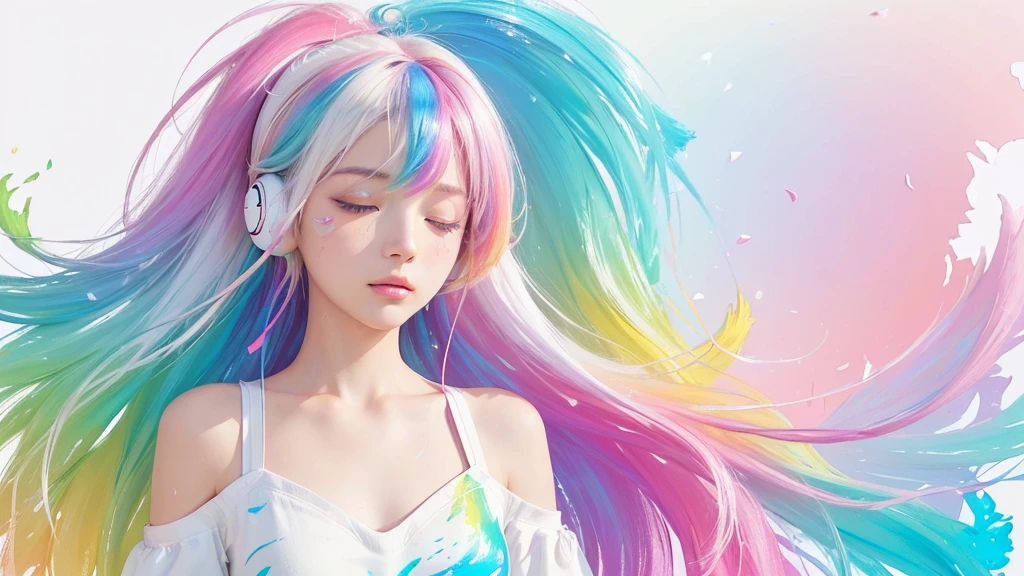 （Pink Fashion T-shirt：1.9），(Colorful hair: 1.8), (all the colours of the rainbow: 1.8),(((((vertical painting：1.6))), （painting：1.6），front, comics, illustrations, paintings, large eyes, crystal clear eyes,（ rainbow color gradient high ponytail：1.7）, exquisite makeup, closed mouth,(Small Fresh: 1.5),(Wipe Chest: 1.6) ，long eyelashes, white off shoulder T-shirt,  White Shoulder Shirt，looking at the audience, large watery eyes, (rainbow colored hair：1.6), color splash, （solo：1.8）, color splash, color explosion, thick paint style, messy lines, ((shining))，(colorful), (colorful), (colorful), colorful, Thick Paint Style, (Splash) (Color Splash), Vertical Painting, Upper Body, Paint Splash, Acrylic Pigment, Gradient, Paint, Highest Image Quality, Highest Quality, Masterpiece, Solo, Depth of Field, Face Paint,  colorful clothes, (Elegant: 1.2), gorgeous,long hair, wind, (Elegant: 1.3), (Petals: 1.4)，(((masterpiece))),(((best quality))),((ultra-detailed)),(illustration),(dynamic angle),((floating)),(paint),((disheveled hair)),(solo),(1girl) , (((detailed anima face))),((beautiful detailed face)),collar,bare shoulders,white hair, ((colorful hair)),((streaked hair)),beautiful detailed eyes,(Gradient color eyes),(((colorful eyes))),(((colorful background))),(((high saturation))),(((surrounded by colorful splashes))),all bodies, same colored back  grounds, Make the background bigger than the face, Mainly in the background, the face is small, I want the person to be on the right or left, Closed eyes while listening to music, wearing headphones