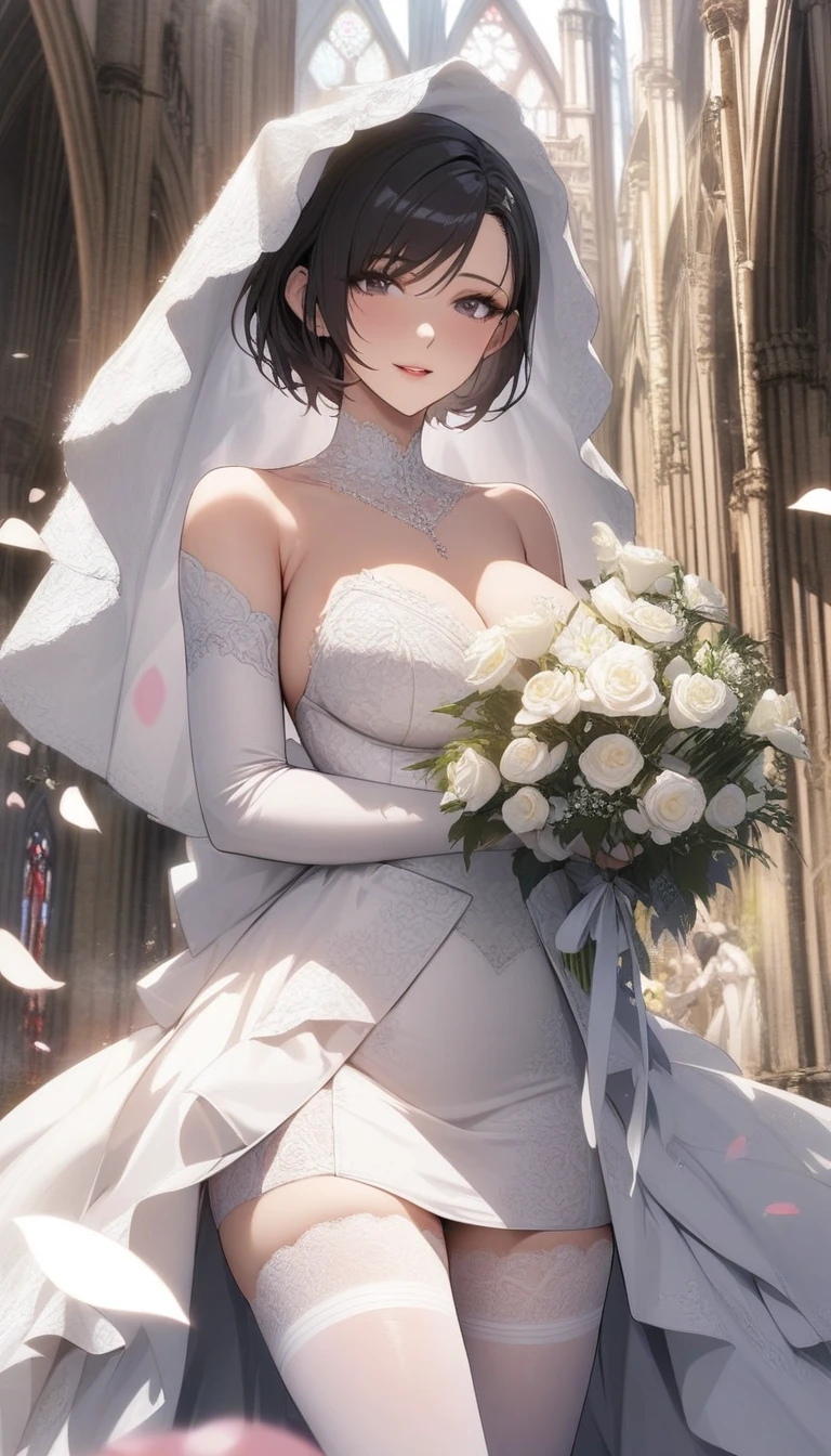 masterpiece, best quality, very aesthetic, absurdres, 1girl, mature_lady, wedding_dress,White lace miniskirt wedding dress, Holding flowers, White lace stockings, wedding hood, ,ada wong(resident evil), 1girl, short hair,black hair, hair behind ear,,surrounding by flowers,falling_petals, outdoors, petals,,in a church,cathedral,floating_clothes