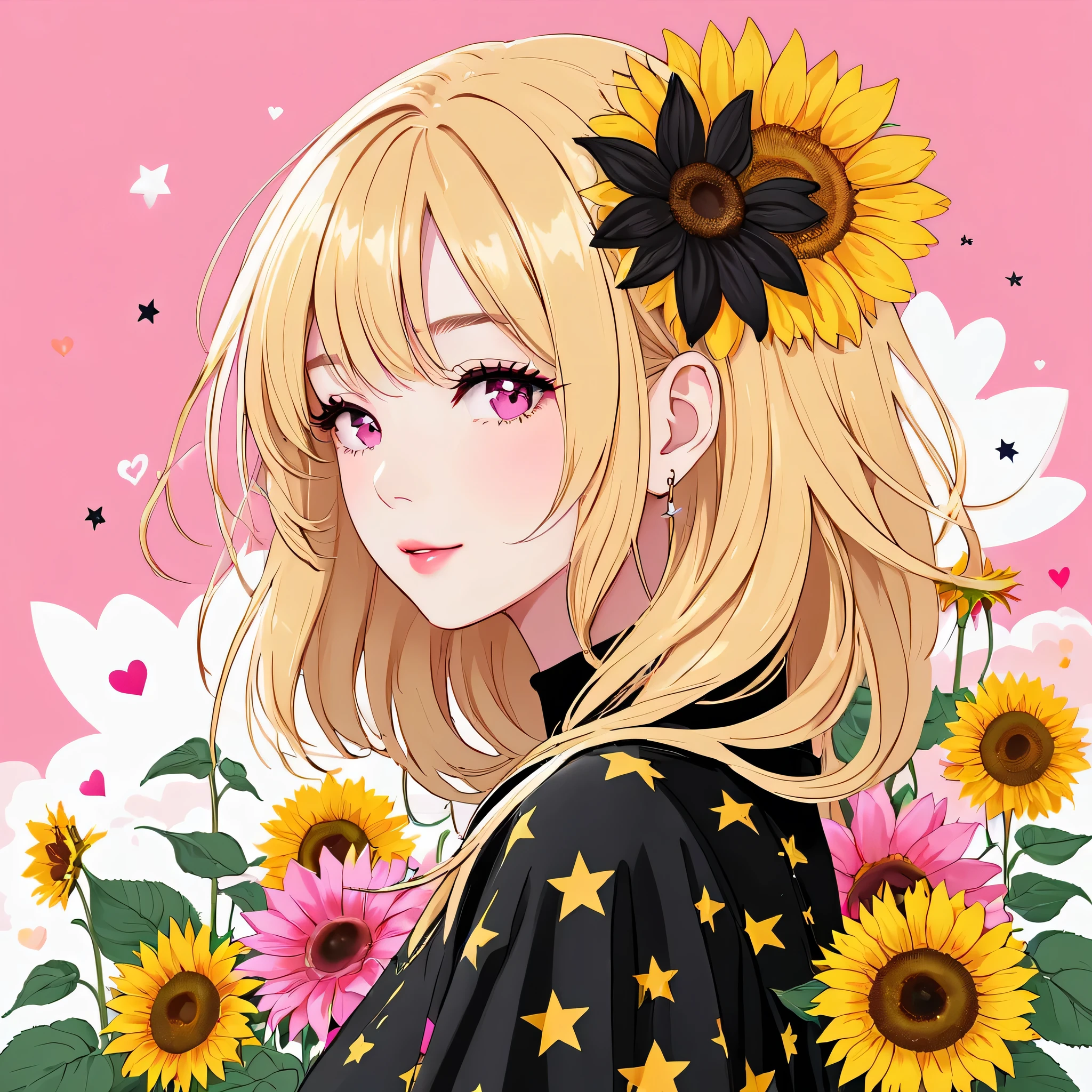 Black Star Gold and Pink style, Simple Line Initialism,Abstract art,Kawaii Design, The most beautiful girl of all time, The background is sunflowers, colorful hearts, colorful flowers,