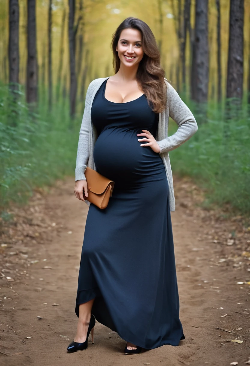 stock photo, extremely high quality, 8k, cinema style, (((whole body in picture))), 30yo beautiful teacher, Eleonora Pavinat, 9 pregnant, wide hips, sportive figure, long open hair, friendly smile, beautiful eyes, walking on a sandy path in the dark forest, cozy, casual, film grain, analog, (gigantic saggy breasts:1.8), cozy loose sweater, very long business skirt, high heels