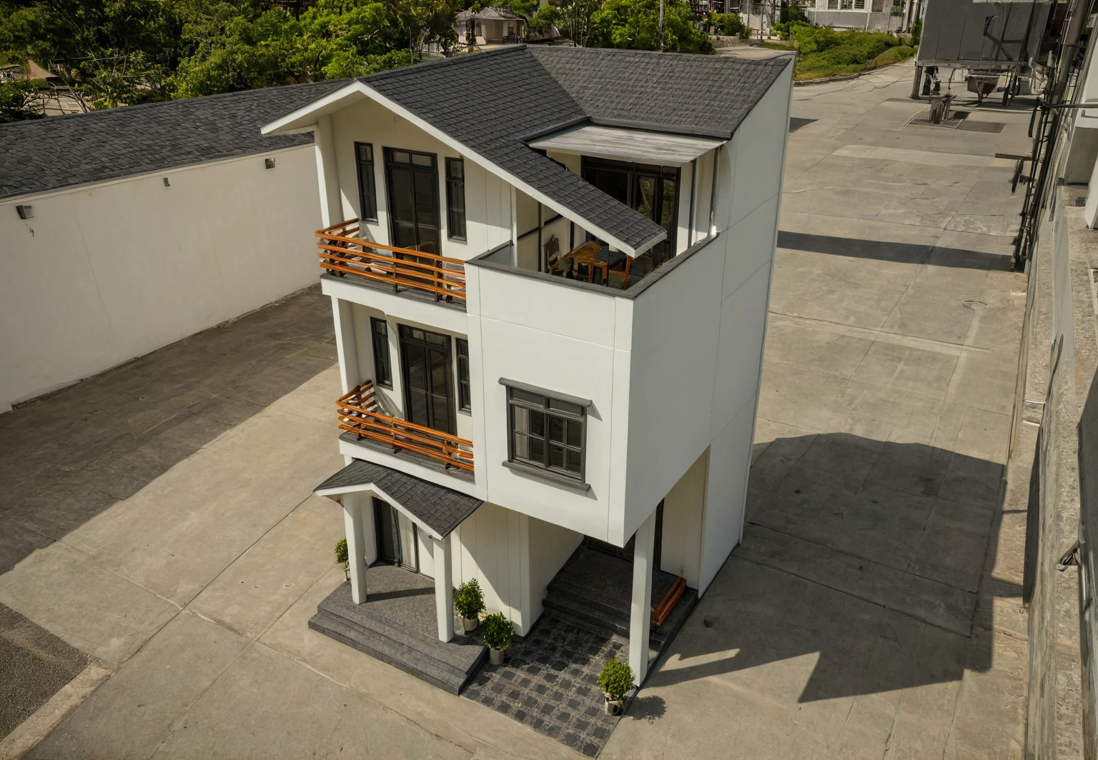 Raw photo, Masterpiece, high quality, best quality, authentic, super detail, architecture, house, outdoors, style modern, minimalist line, wooden, white paint wall, japan style, wasabi style, Jen style, steel stair, glass railing, paint wall decor, tree, street