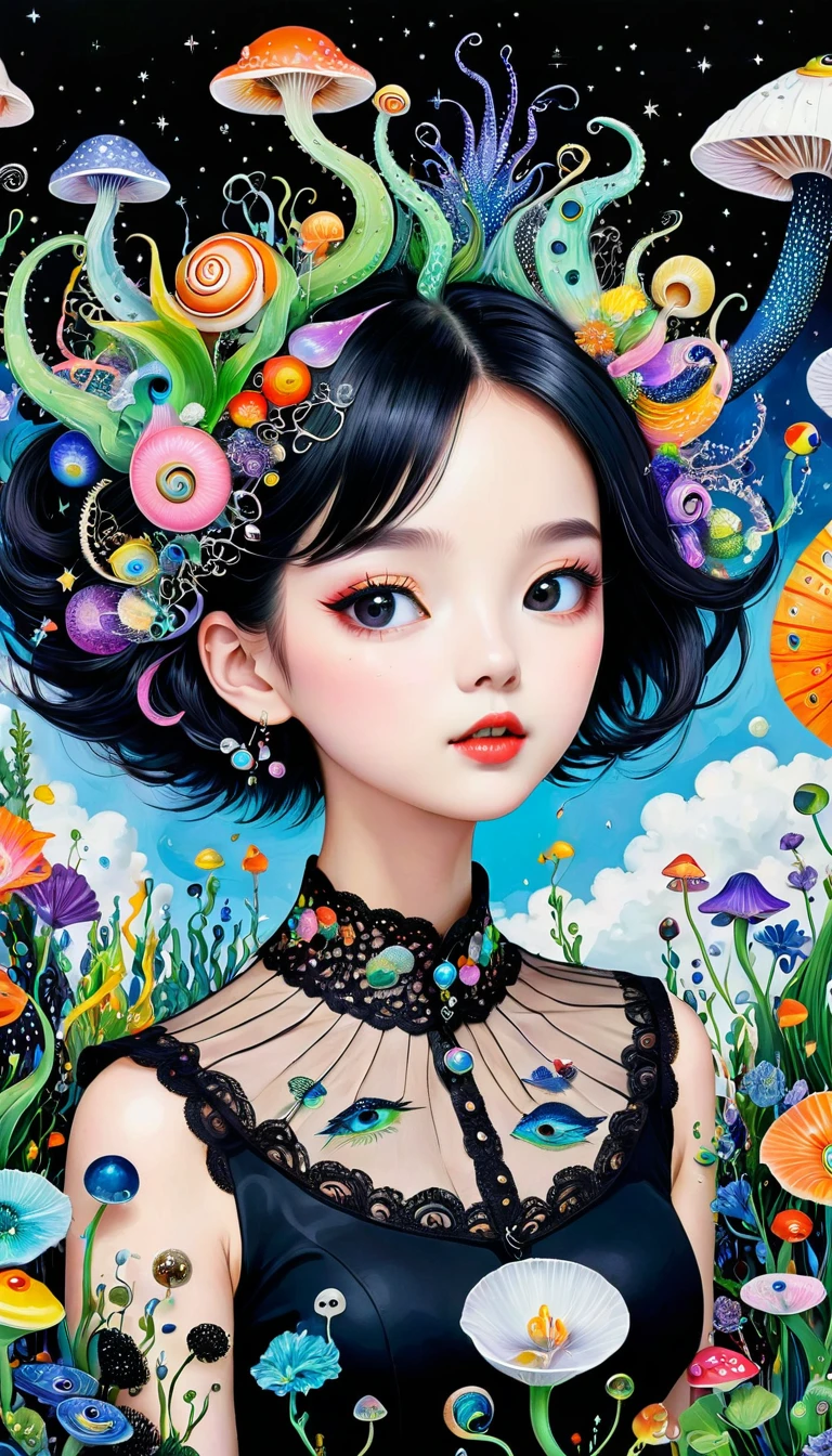 Three-dimensional painting。头上的snails房子,Exaggerated plant glasses。Black lace collar。Spiky hair,Artists from the stars,Colorful black,A world of color,Dopamine,mouth,A cloud、snails、iris、fish、Tentacles、bird、Eye、diatom,Abstract mosaic painting,Describing the inner world of autism,Sense of space,White Space,interesting,Innocence,Psychedelic Art,Black overall