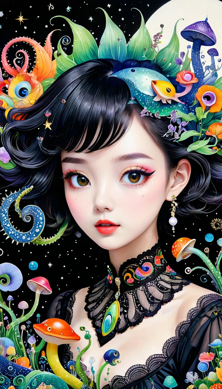 Three-dimensional painting。???头上的snails房子，Exaggerated plant glasses。Black lace collar。Spiky hair，Artists from the stars，Colorful black，A world of color，Dopamine，mouth，A cloud、snails、iris、fish、Tentacles、bird、Eye、diatom，Abstract mosaic painting，Describing the inner world of autism，Sense of space，White Space，interesting，Innocence，Psychedelic Art，Black overall