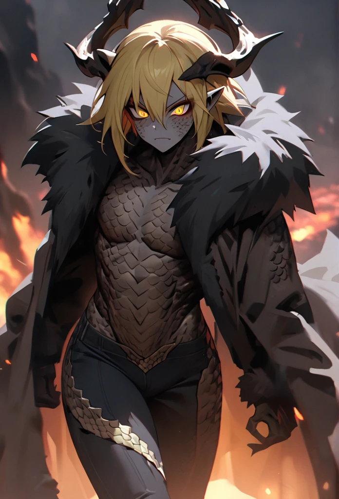 (High resolution, best quality, masterpiece), detailed, ultra detail, 1male, physically fit, muscular body, fierce expression, yellow eyes, (detailed eyes), yellow hair, short length hair, full body, ((dragon horns)), ((face: dragon scales)), face covered in scales, human skin, ((topwear: fur lined coat, bottomwear: tight jeans)), volcanic background, part draconic, somber expression, inhuman, reptilian skin, close up