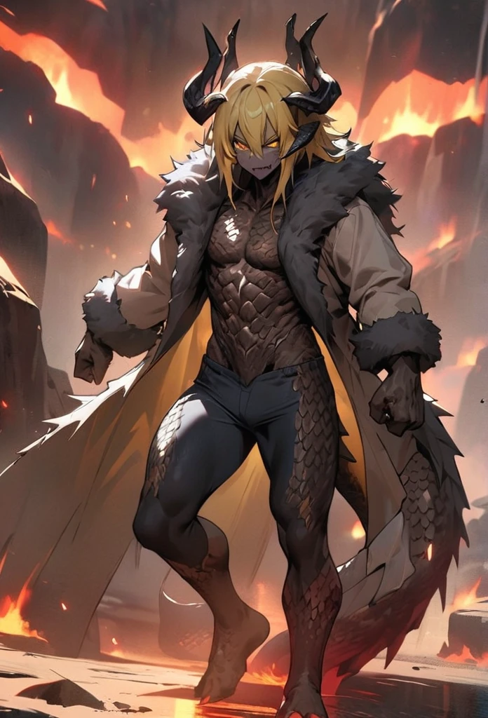 (High resolution, best quality, masterpiece), detailed, ultra detail, 1male, physically fit, muscular body, fierce expression, yellow eyes, (detailed eyes), yellow hair, short length hair, full body, ((dragon horns)), ((face: dragon scales)), face covered in scales, human skin, ((topwear: fur lined coat, bottomwear: tight jeans)), volcanic background, part draconic, somber expression, inhuman, reptilian skin, close up