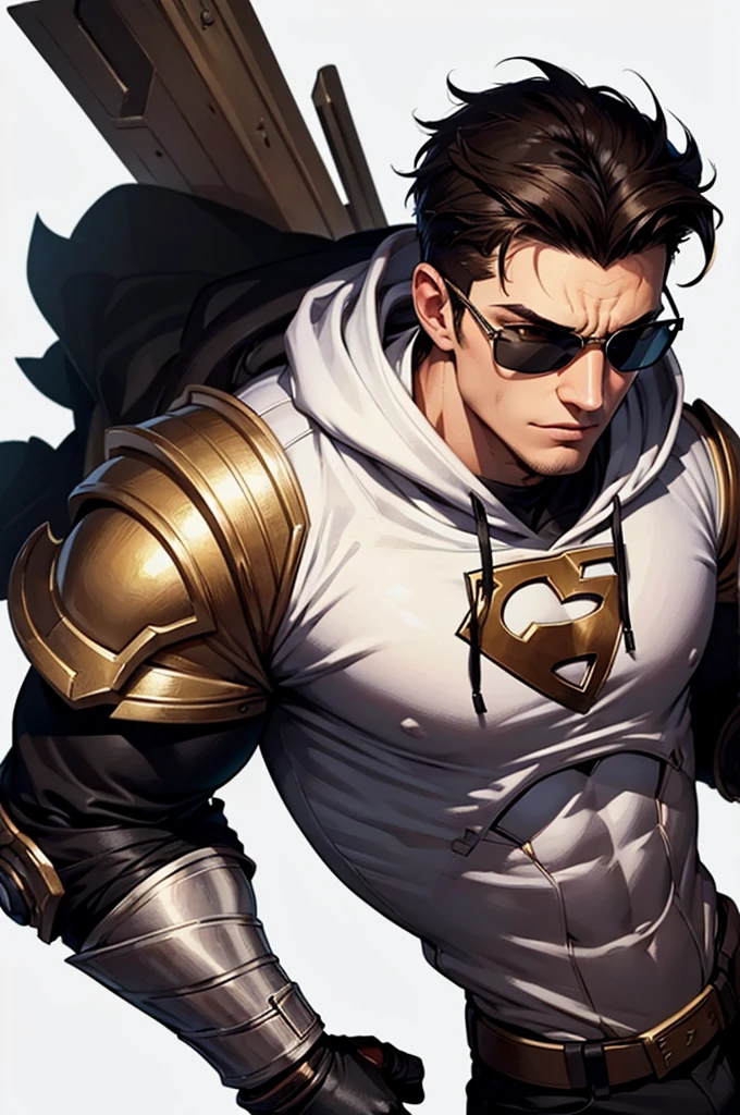 ((illustration)), (best quality)), ((masterpiece)), (detailed), ((white background)), age, boy, dark hair, brown eyes, muscular, shirt, black hoodie, sunglass, smirking, solo, gauntlet, day, stylish, slick hair, modern, superhero,