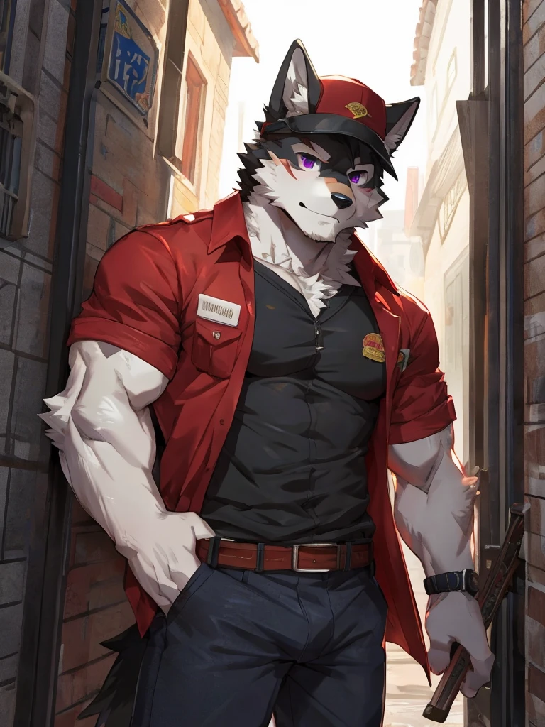 Solo, male, by darkgem, by mystikfox61, by glitter trap boy, by enro the mutt, by juiceps, standing, canine, white fur, red eyes, glowing eyes, muscular, giant, tall, powerful, strong, buff, wide, thick, massive biceps, giant pecs, teeth, fangs, smirking, rape face, evil expression, (((black suit))), black dress pants, alleyway, night, moon, dramatic lighting, stars