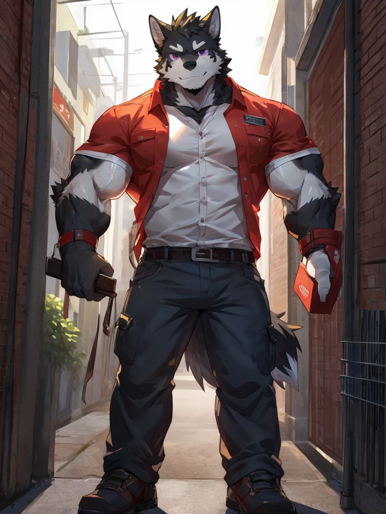 embedding:black wolf, male,purple eyes,Scar on the face, scar on the body,Single person,deliveryman,Standing outside the door,In the corridors,deliveryman shirt,Robust,Contempt,With the express box in his hand,The highest quality of scene detail,adult,Tall and powerful,muscle,Best quality hands, best quality eye,detailed fur,Delicate eyes.Extreme picture quality,by sollyz,by zixiong,by milkytiger1145