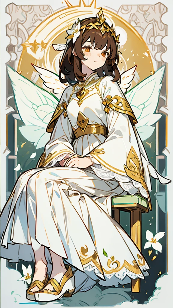 1 girl, dark brown hair, gold eyes, White skin, dressed in a white dress with lace and pleats, fairy wings, shy posture, whole body, sitting on a tree throne, green mondays around with faces, Moonlight, flower crown on her head, soft smile, gentle.