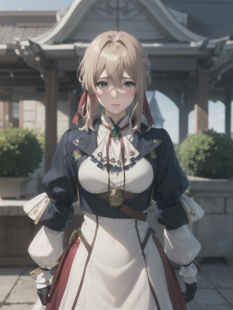 Pleased:1.3, masterpiece, Highest quality, High resolution, Violet Evergarden, Braiding, Hair Ribbon, Red ribbon, jewelry, White Ascot, brooch, Blue jacket, Long sleeve, Brown gloves, White Dress, Long dress, Are standing, Cowboy Shot, Outdoor, unity 8k wallpaper, (figure:0.8), (Beautiful attention to detail:1.6), Highly detailed face, Perfect lighting, Highly detailed CG, (3D Face:1.1), (Shiny skin:1.5), (超High resolution intricate face details), (Facial skin pores:1.3), 超High resolution cloth texture