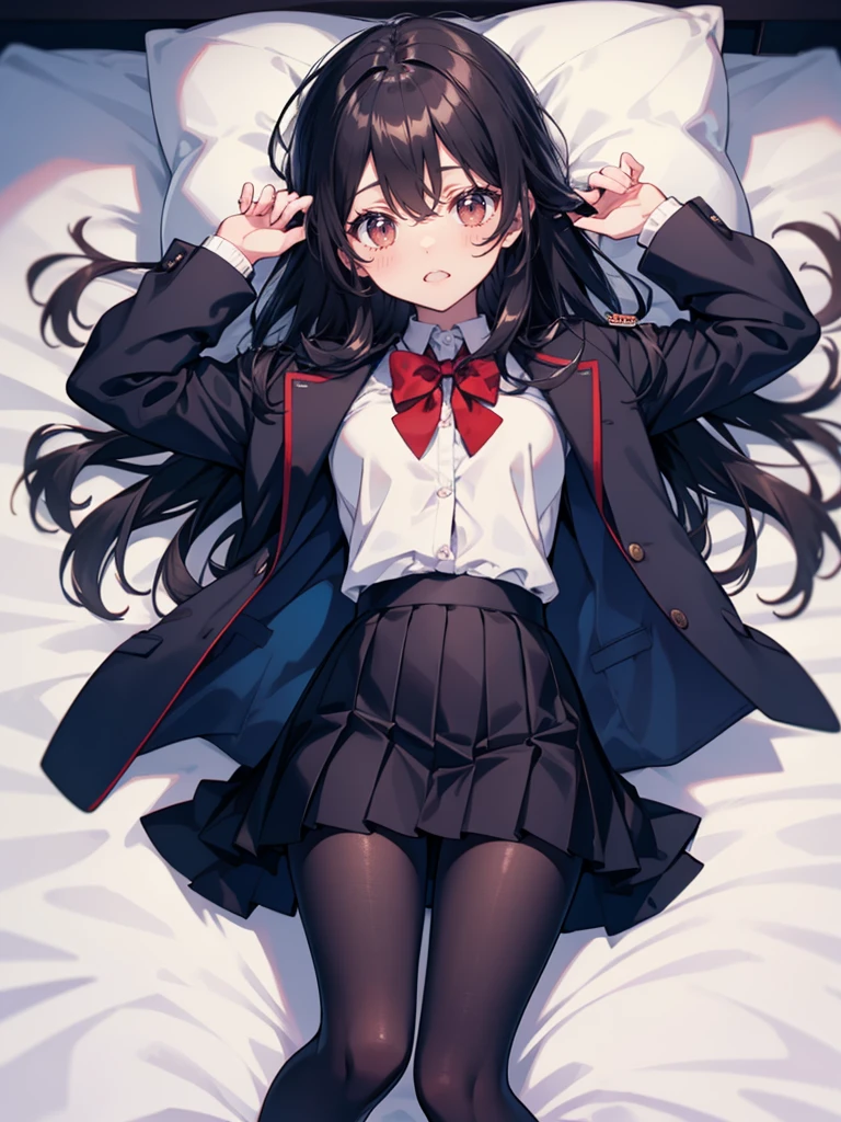 1 Girl,solo,Red eyes,black hair,long hair,pantyhose,skirt,,lying down,,back,Jacket,Uniforms,shirt,looking at the audience,Chest,白shirt,Pleated Skirt,Bow,大腿pantyhose,pantyhose下的,Thigh high,Suit,Long sleeve,blush,有領shirt,No shoes,Bangs,紅色Bow,