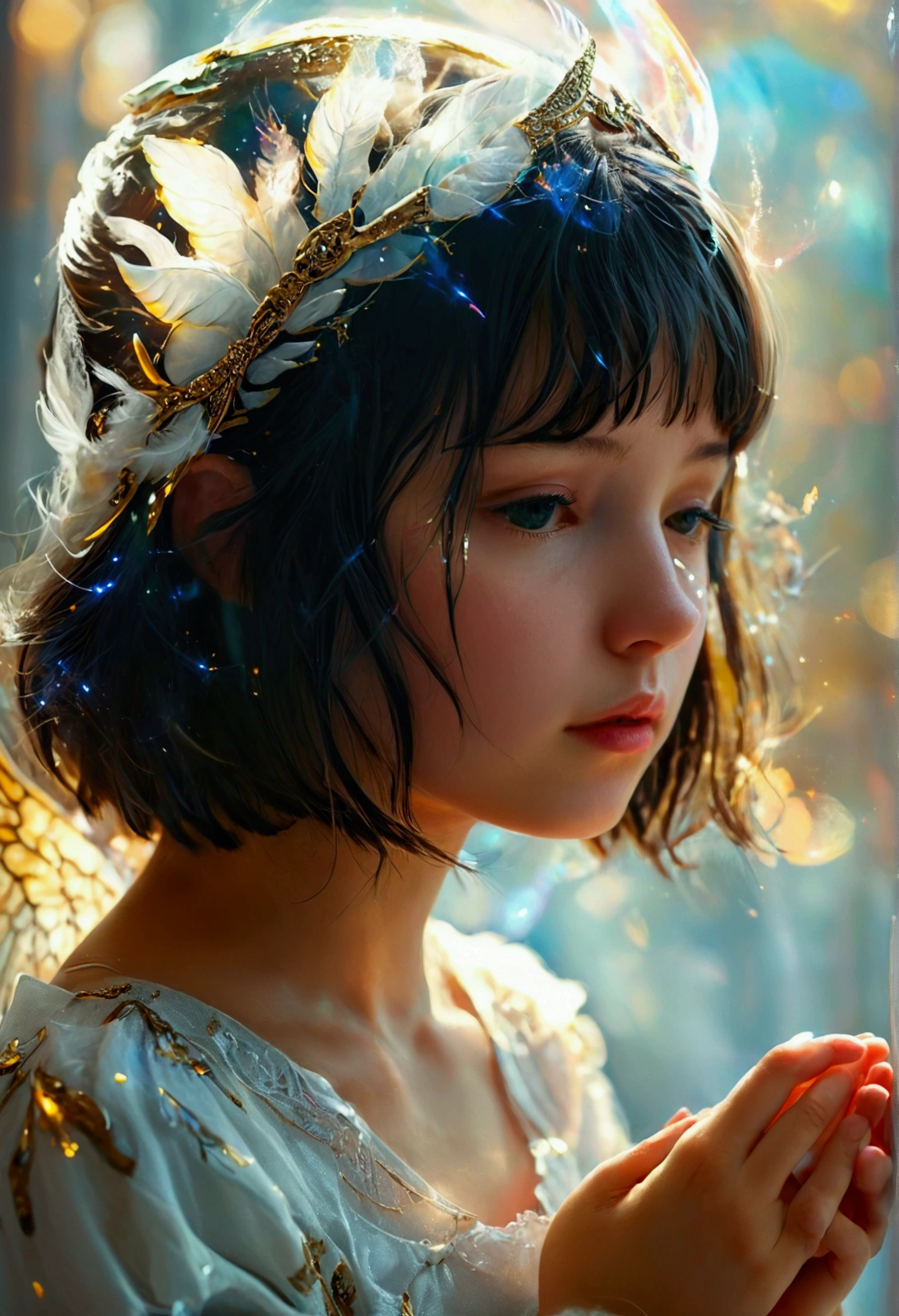 Short hair girl praying, angel wings on the head