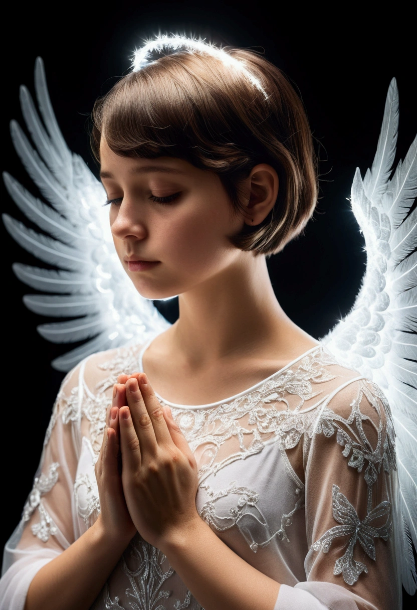 Short hair girl praying, angel wings on the head 