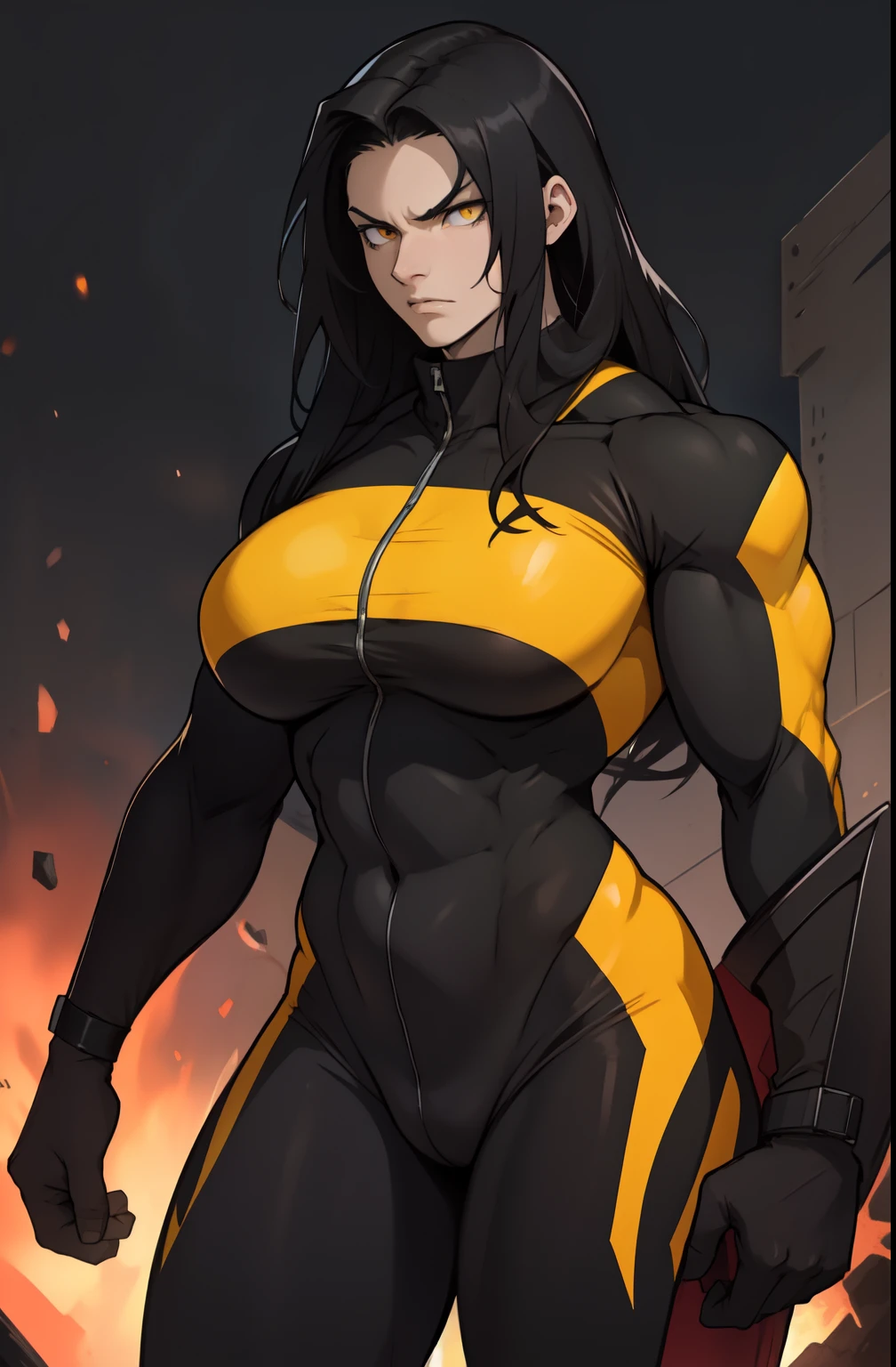 pale skin solo 1 girl black hair yellow eyes angry very long hair dark atmosphere (huge breasts bodybuilder toned body muscular) skinsuit