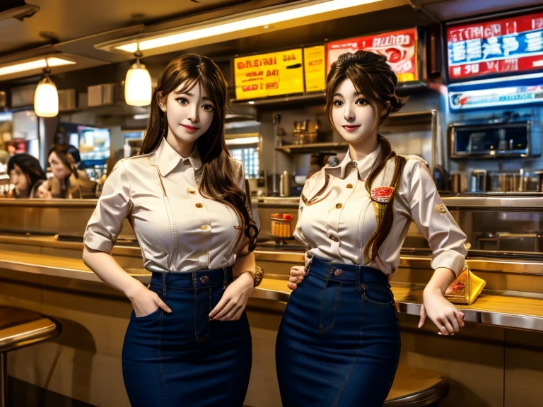 A photorealistic masterpiece of two stunning korean fast food workers, clad in colorful diner uniforms, standing behind a gleaming counter in a bustling eatery. Medium-sized breasts are subtly showcased beneath their attire as they expertly serve hungry patrons. Slender waists and small yet curvy hips add to the visual appeal. The 8K wallpaper-quality image captures every fine detail of their slender figures, illuminated by soft overhead lighting that accentuates the whiteness of their skin. The fast food restaurant's bright colors and bold signage provide a vibrant backdrop for these two lovely ladies.