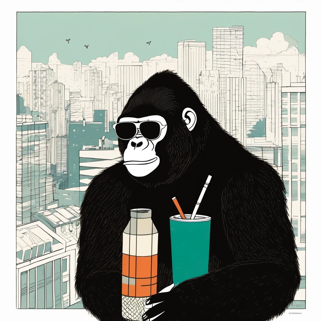gorilla-like , sweet,very cute,art by Sophie Roach , art by Jon Klassen , art by Michael Cho , art by Sophie Roach、sunglasses,campimg,smoking,city