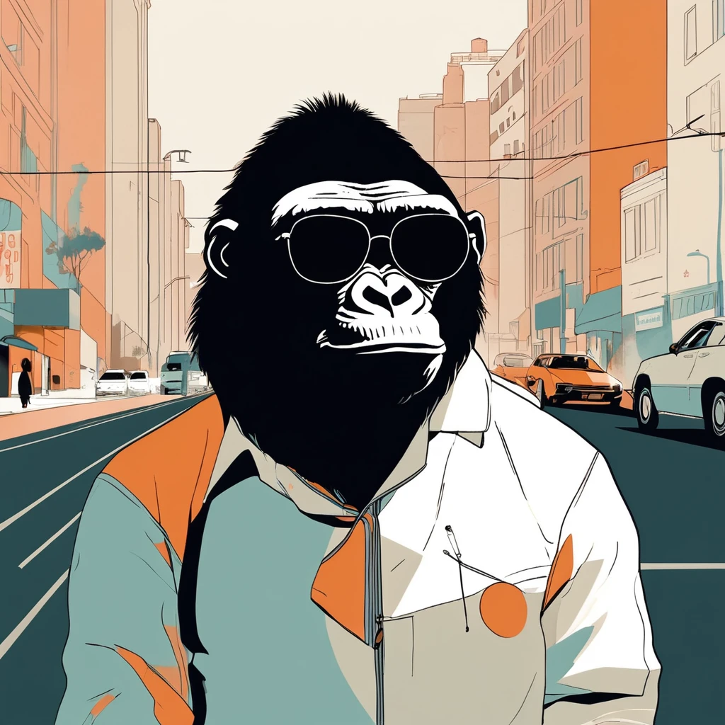 gorilla-like , sweet,very cute,art by Sophie Roach , art by Jon Klassen , art by Michael Cho , art by Sophie Roach、sunglasses,campimg,smoking,city