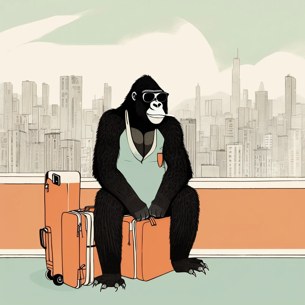 gorilla-like , sweet,very cute,art by Sophie Roach , art by Jon Klassen , art by Michael Cho , art by Sophie Roach、sunglasses,campimg,smoking,city