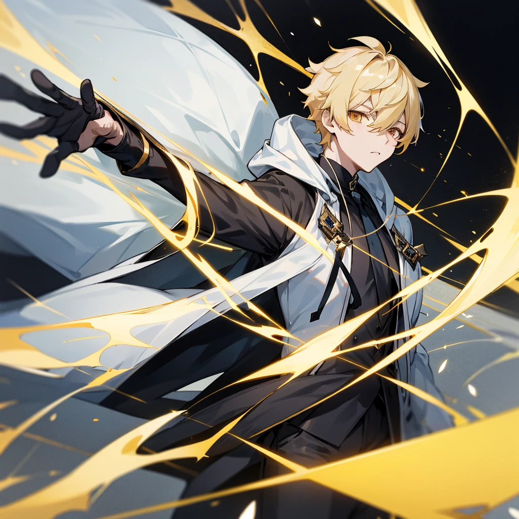 Aether from Genshin Impact. Blonde Hair. Short Hair. Black Shirt. White Coat. Black Hoodie. Golden Eyes. 1boy.