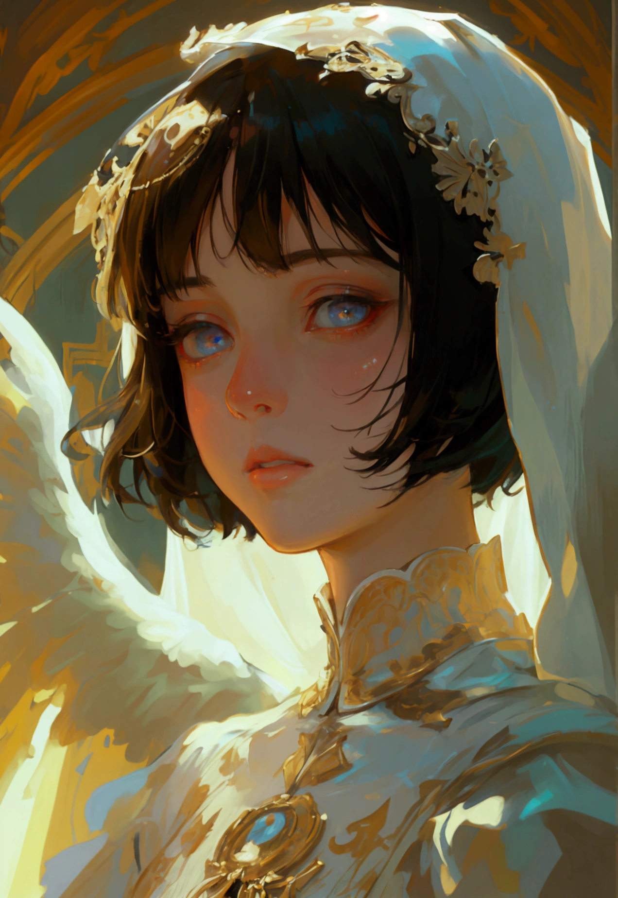 a young nun with short hair, angel wings on her head, praying, detailed portrait, beautiful detailed eyes, beautiful detailed lips, extremely detailed face, high quality, digital art, cinematic lighting, dramatic lighting, chiaroscuro, warm color tone, baroque art style