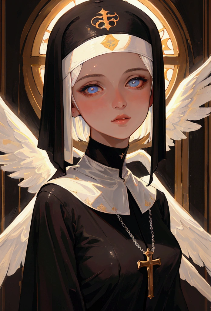 a young nun with short hair, angel wings on her head, praying, detailed portrait, beautiful detailed eyes, beautiful detailed lips, extremely detailed face, high quality, digital art, cinematic lighting, dramatic lighting, chiaroscuro, warm color tone, baroque art style