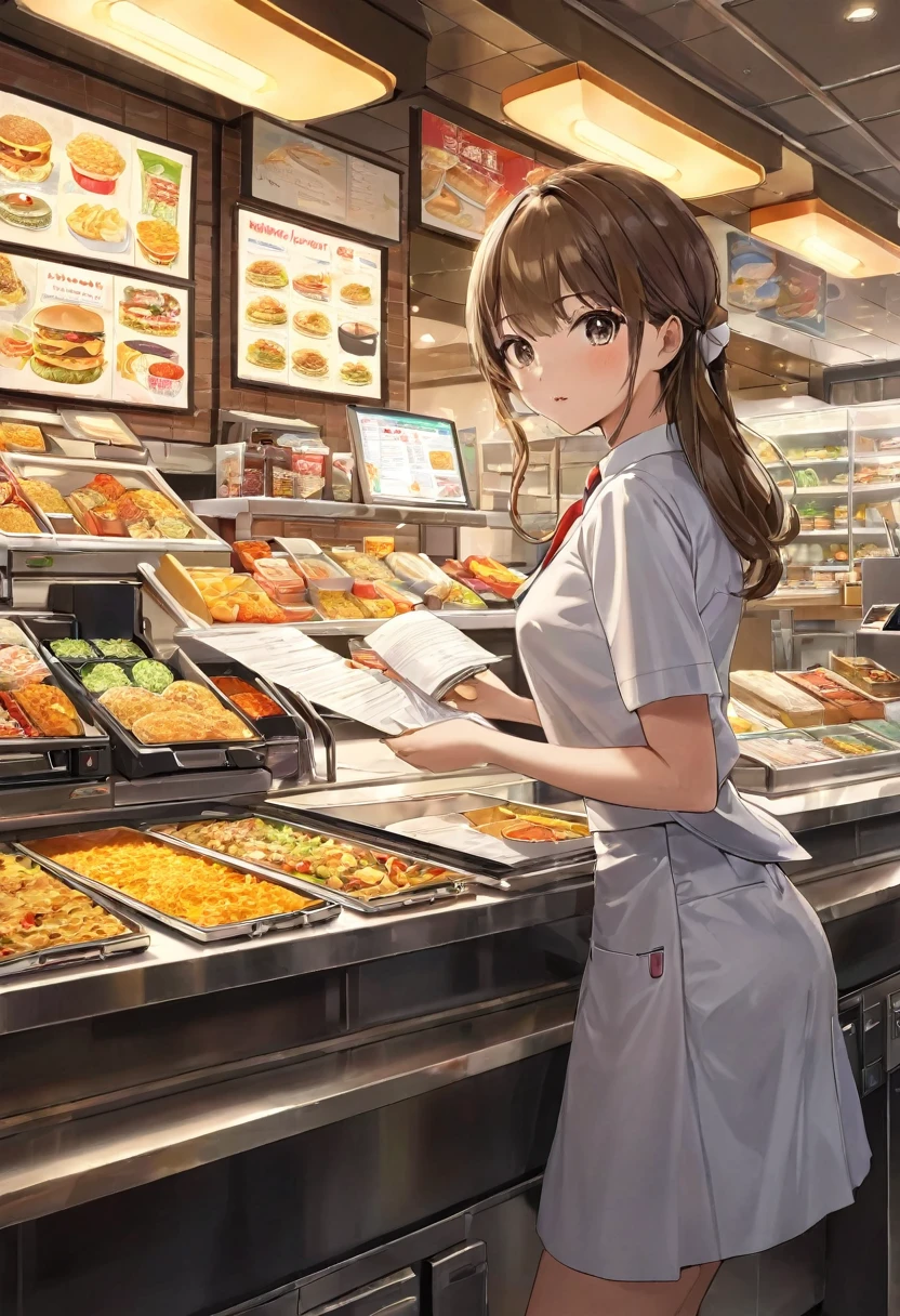 ( Correct and perfect anatomy ) Cute charming anime girl wearing white fast food uniform(Fast food clerk) There is a cash register in front of work in a fast food restaurant with a hand holding an order form. There are rich healthy side dishes around the cash register. The background of fast food meals is a rich meal preparation scene. Exquisite illustrations are super detailed.,Ultra-precise depiction, Ultra-detailed depiction of masterpieces Highly detailed concept art Highly detailed digital art