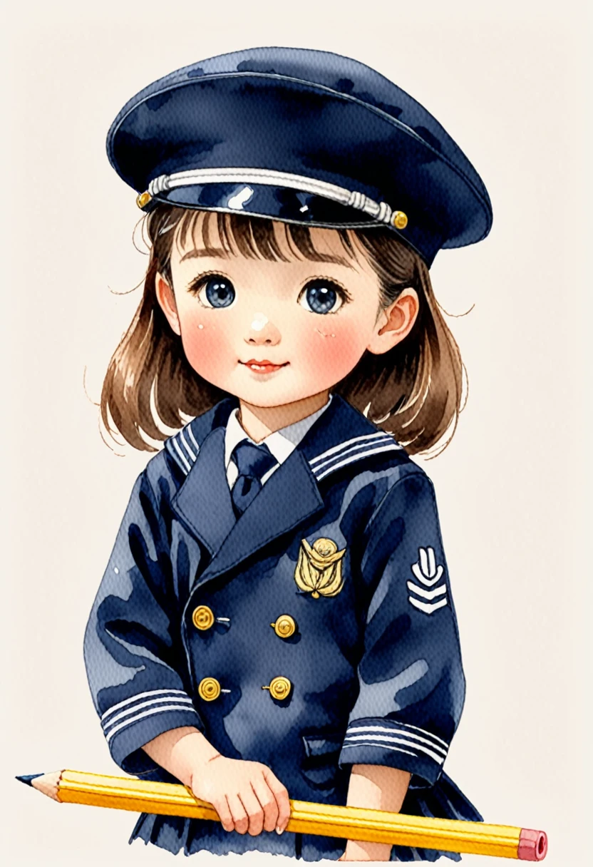 Hand-drawn watercolor illustration, Japanese elementary school students, Navy blue sailor suit,Navy blue beret,6 years old, cute, cute, Simple, Pencil line drawing