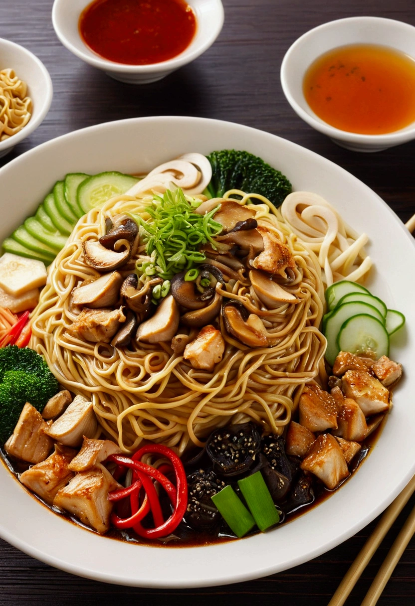 Spicy noodles that are delicious and tempting.，Fresh vegetables are plentiful.，Grilled Chicken Noodles，Brown conch is tasty and tasty.，Pepper has a strong flavor.，Yellow bamboo shoots are crispy and tasty.，Mushrooms have a delicate flavor.，Soybean tofu has good flavor.，The noodles that are picked up with chopsticks are fragrant.。illustration