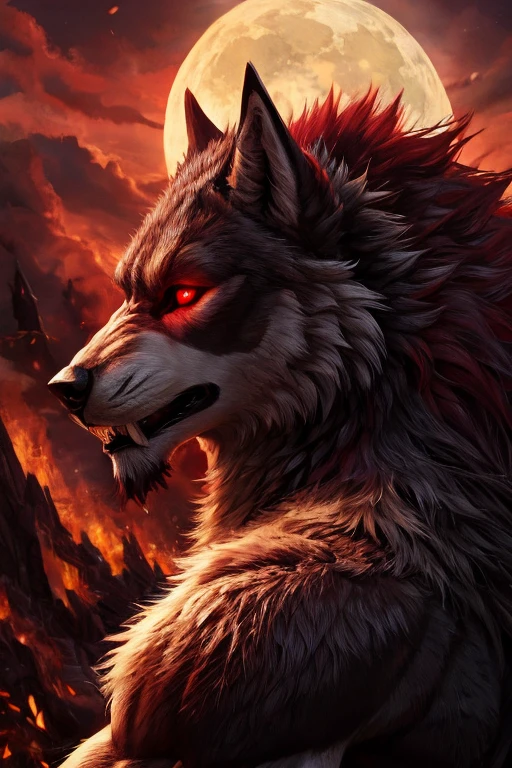 werewolf, several wolves howling wing moon red red clouds realistic staly, gaxaly