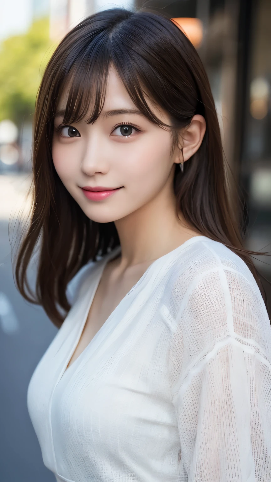 masutepiece, Best Quality, Illustration, Ultra-detailed, finely detail, hight resolution, 8K Wallpaper, Perfect dynamic composition, Beautiful detailed eyes, summer blouse setup clothes,Medium Hair,Small breasts natural color lip, Bold sexy poses,Smile,Harajuku、18 years girl、Cute、Sexy shot looking at camera