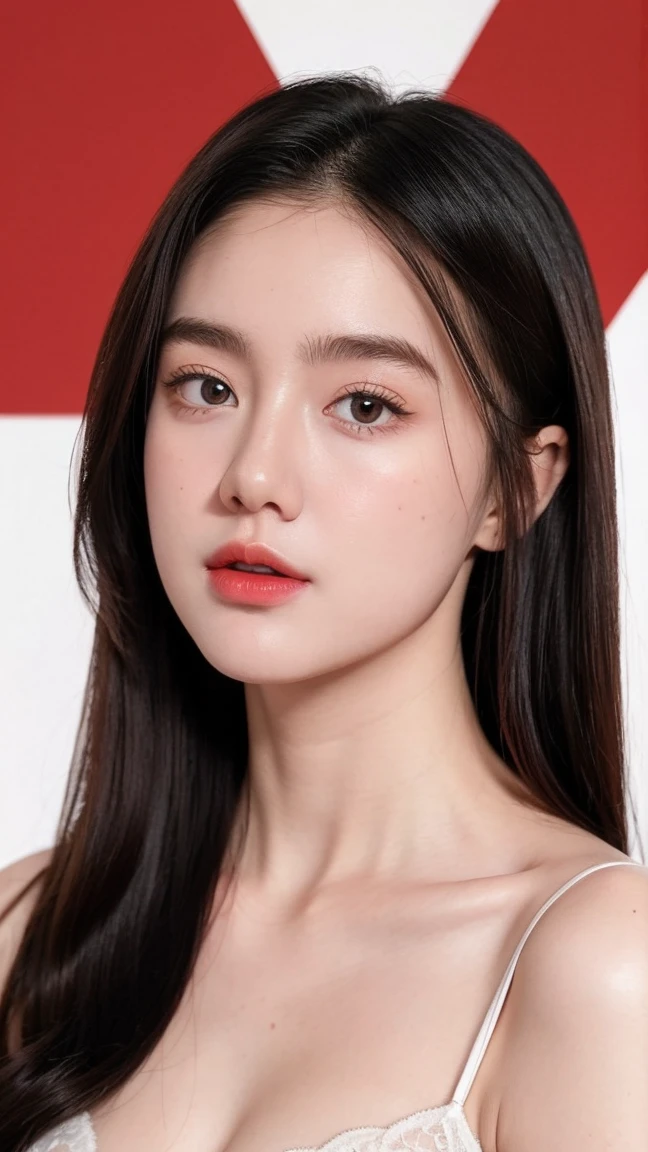 Georgeous, Beautiful, Cute, Baby Face, 18 Years Old, White Skin, 1 Girl, Beautiful, Baby Face, White Skin, Gigantic Colossal Chest, instagram photo, closeup face photo of 23 y.o Chloe in G-string, Red Lipstick, sensual Lipstick, Sensational Make Up, cleavage, pale skin, (smile:0.4), hard shadows, Red G-STRING 