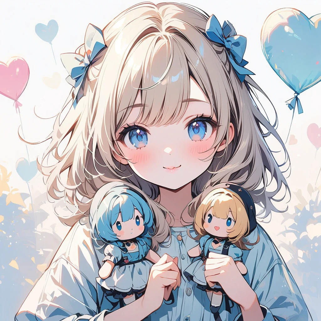 Beautiful girl, light blonde hair, pale blue eyes, rosy cheeks, heart-shaped lips, doll, solo, cute, smiling, ethereal