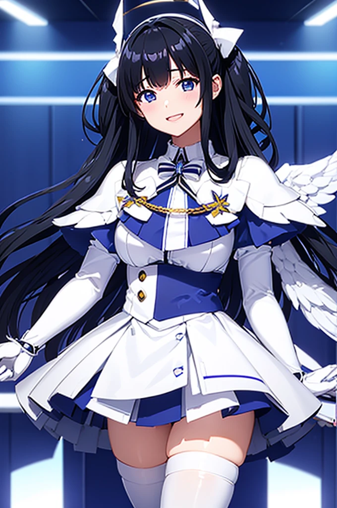 Mecha Wings、White and blue skirt、Accentuated thighs、White tights、chest、Beautiful black hair、1 girl、solo girl、Thick thighs、is、Frame Arms Girl、Alice Gere Aegis、White Armor、Blue and purple lines、income、headphone、hand on own chest、smile、idol costume、Ami Maejima、maesima ami