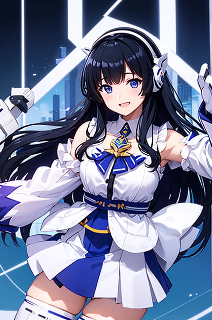 Mecha Wings、White and blue skirt、Accentuated thighs、White tights、chest、Beautiful black hair、1 girl、solo girl、Thick thighs、is、Frame Arms Girl、Alice Gere Aegis、White Armor、Blue and purple lines、income、headphone、hand on own chest、smile、idol costume、Ami Maejima、maesima ami