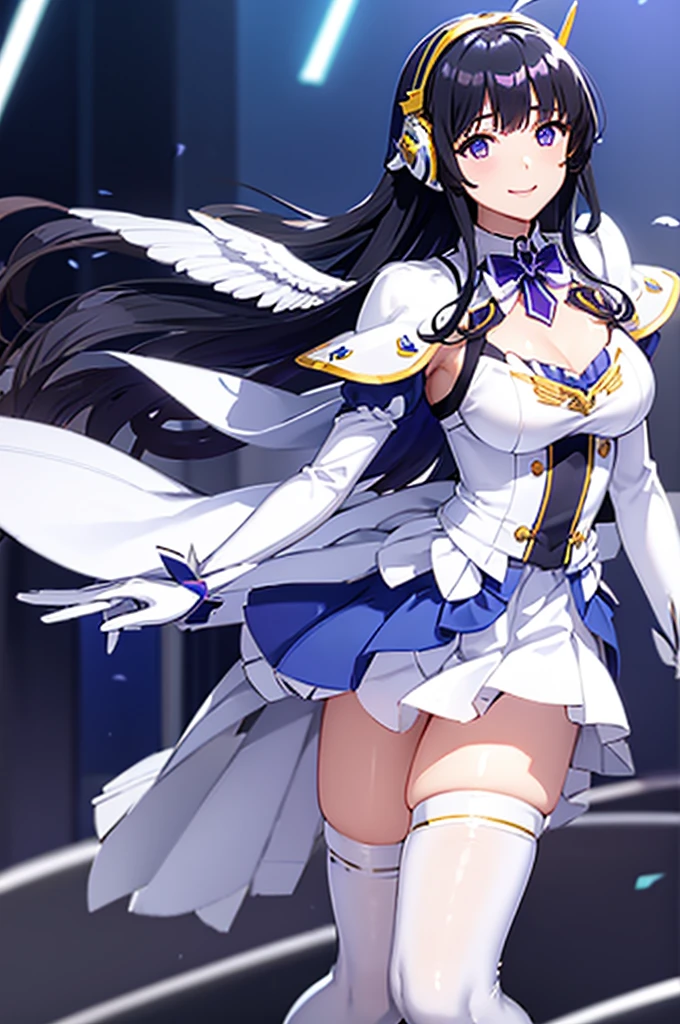 Mecha Wings、White and blue skirt、Accentuated thighs、White tights、chest、Beautiful black hair、1 girl、solo girl、Thick thighs、is、Frame Arms Girl、Alice Gere Aegis、White Armor、Blue and purple lines、income、headphone、hand on own chest、smile