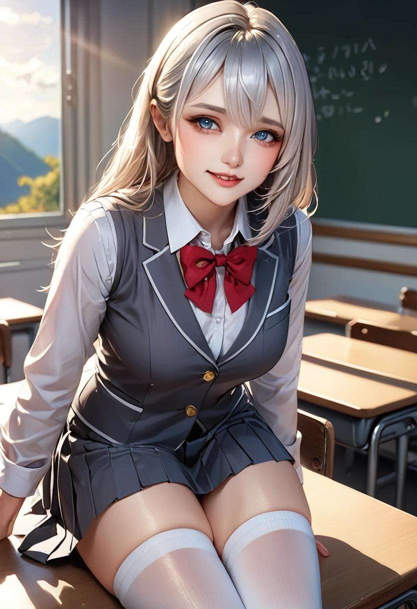 （Sitting on a chair in a school classroom）、（2８Beautiful woman of age）,（ Each person is seated）、((Tall and stylish)）、（legs are long）、blondehair, Silver hair, Brown hair, Black hair, braid, Bangs, Blunt bangs, braided ponytails, hair over shoulder, Long hair, Ponytail, braided bun, hair one side up, Low ponytail, Hairpin, shairband, bow ribbon, hair scrunchie, white hairband, Head Leasing, aqua eyes, wide eyes, PUPILS SPARKLING, wide eyed, makeup, Open mouth, Smile, lightsmile, Parted lips, smiley, glint, Ashcan School, surrealism, One-person viewpoint, Sideways,（ wide angles）, F/1.8, １35 mm, canon, nffsw, retinas, masutepiece, ccurate, Anatomically correct, Textured skin, Super Detail, high details, High quality, Best Quality, hight resolution, （1080p）, hard disk, 4K, 8K、（２a person々a woman in a）(Long sleeve、White blouses、Dark blue edging)、Collar shirt、Red Ribbon Tie、Knee-length skirt、Skirt with folds、Navy Inspire、Nauticle Color、（Japanese schoolgirl outfit）、Blazer style uniform、