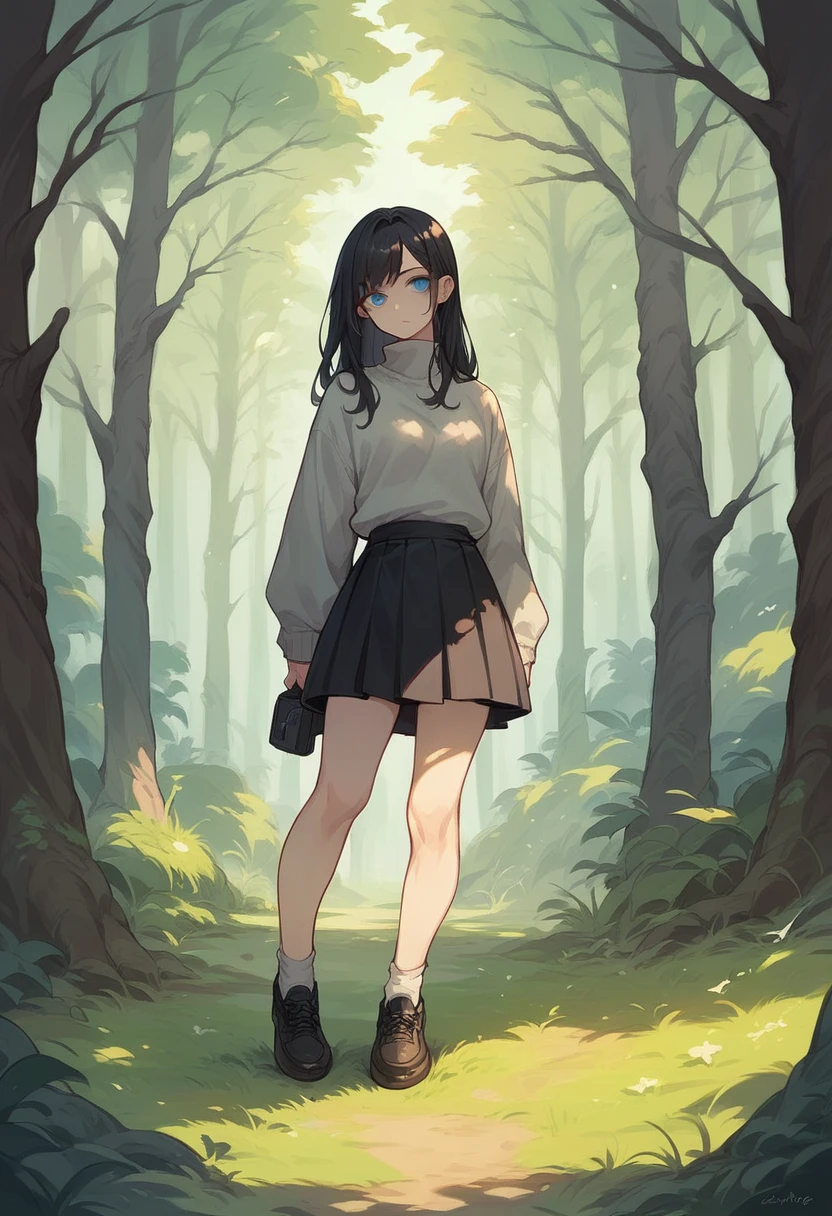 girl with normal pale skin and black hair and blue eye and white left eye and open gray sweater and black skirt and white top and black shoes in the realistic forest