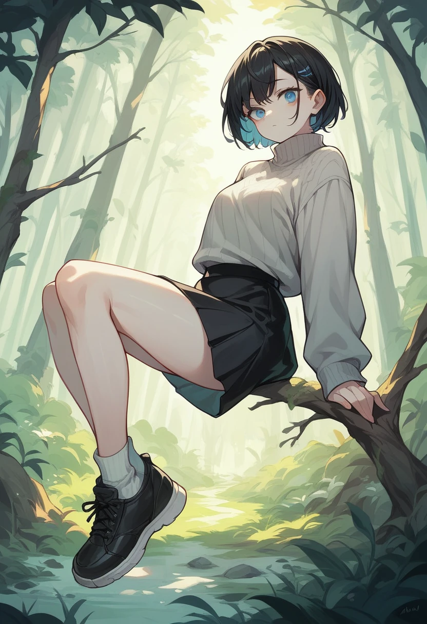 girl with normal pale skin and black hair and blue eye and white left eye and open gray sweater and black skirt and white top and black shoes in the realistic forest 